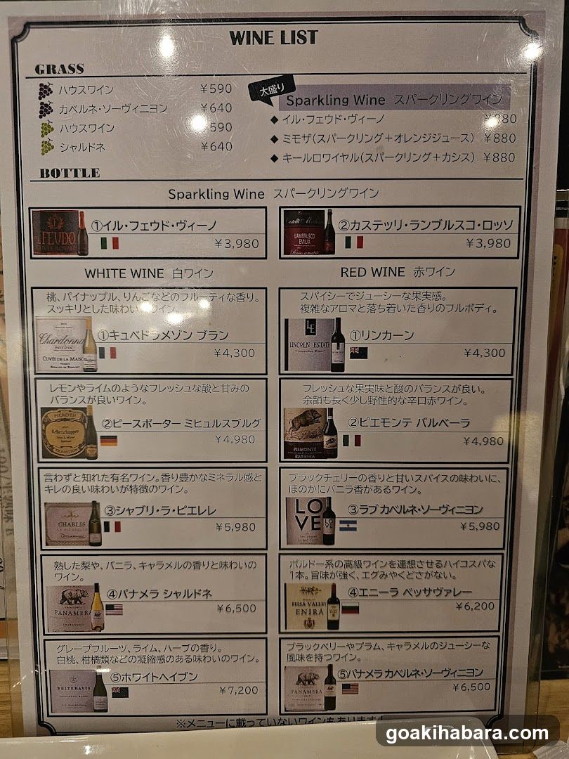 A printed wine menu board displaying various categories including Grass, Bottle Sparkling Wine, White Wine, and Red Wine with prices in yen.