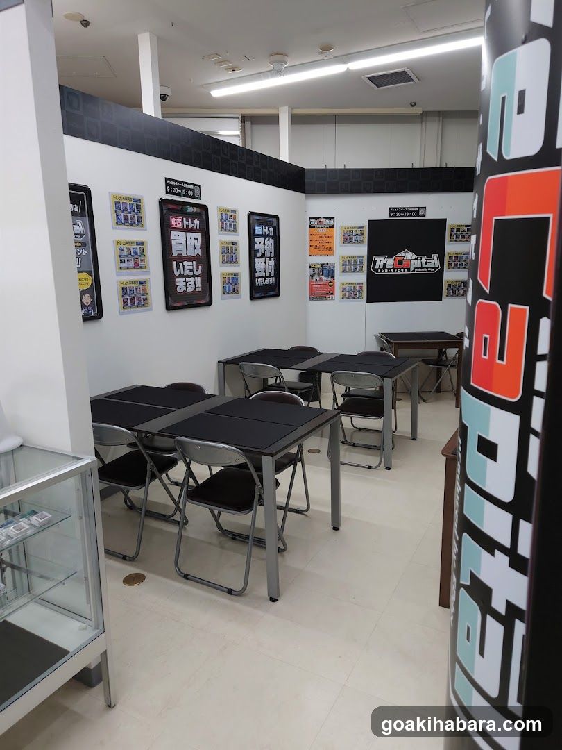 Interior of a shop or cafe with tables and posters