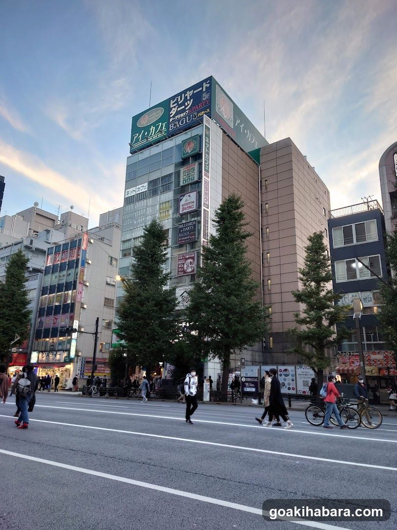 Urban street scene with pedestrians and buildings