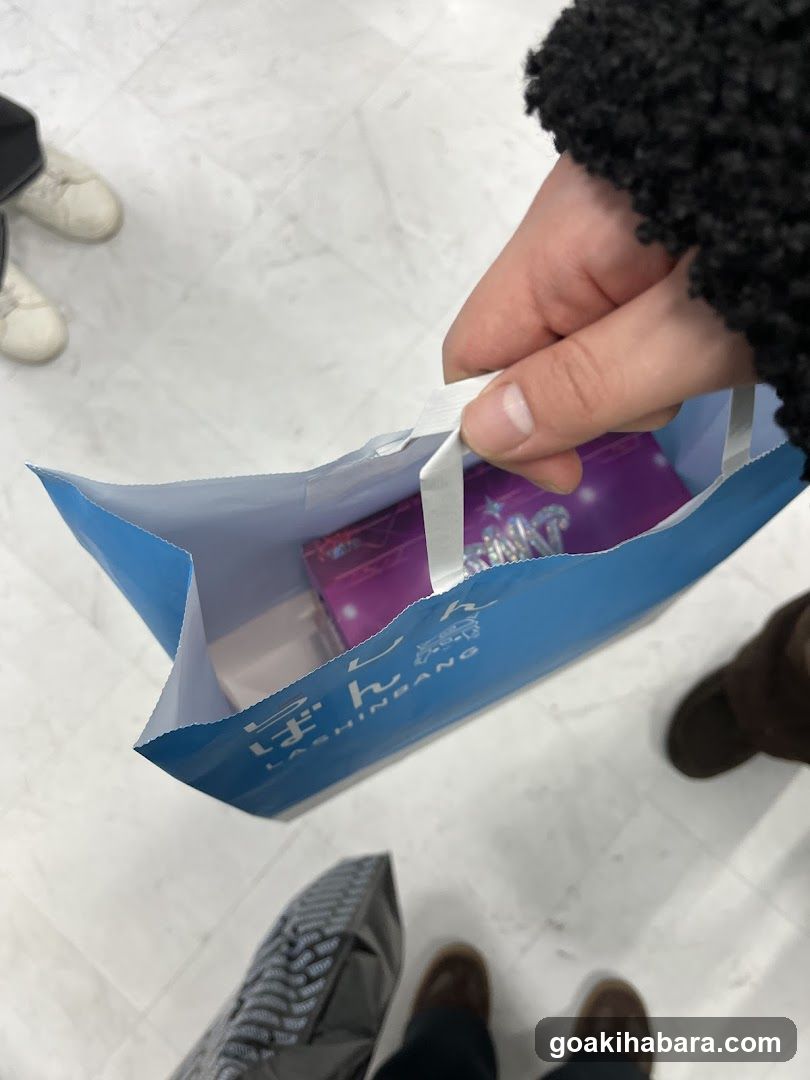 Shopping bag with purple item inside