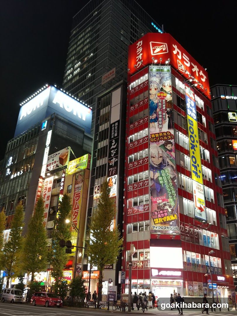 Night street scene with illuminated buildings and anime advertisement