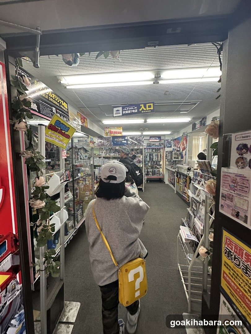 Interior of a store with customer walking in aisle