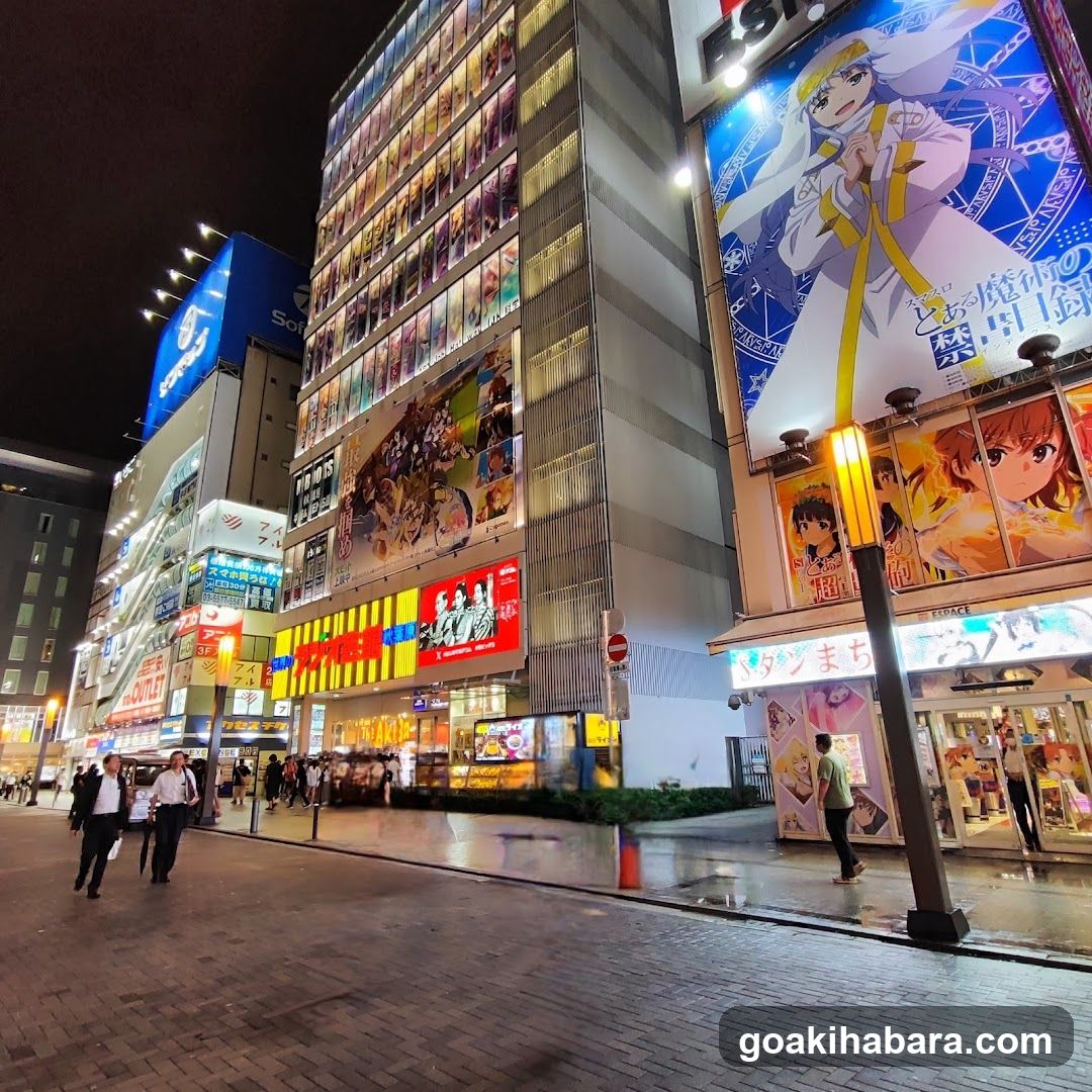 Night street scene with anime-themed building facade and illuminated storefronts