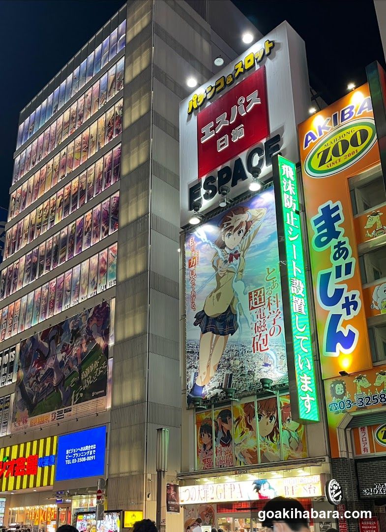 Night scene of anime-themed building facade in Japan
