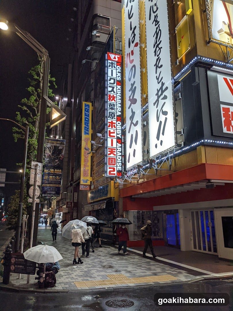 Night street scene with rain and umbrellas