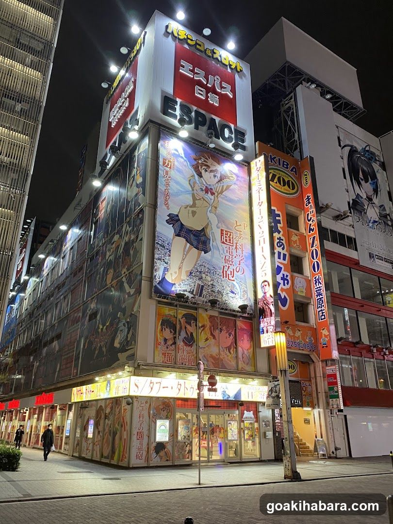 Anime-themed building exterior at night