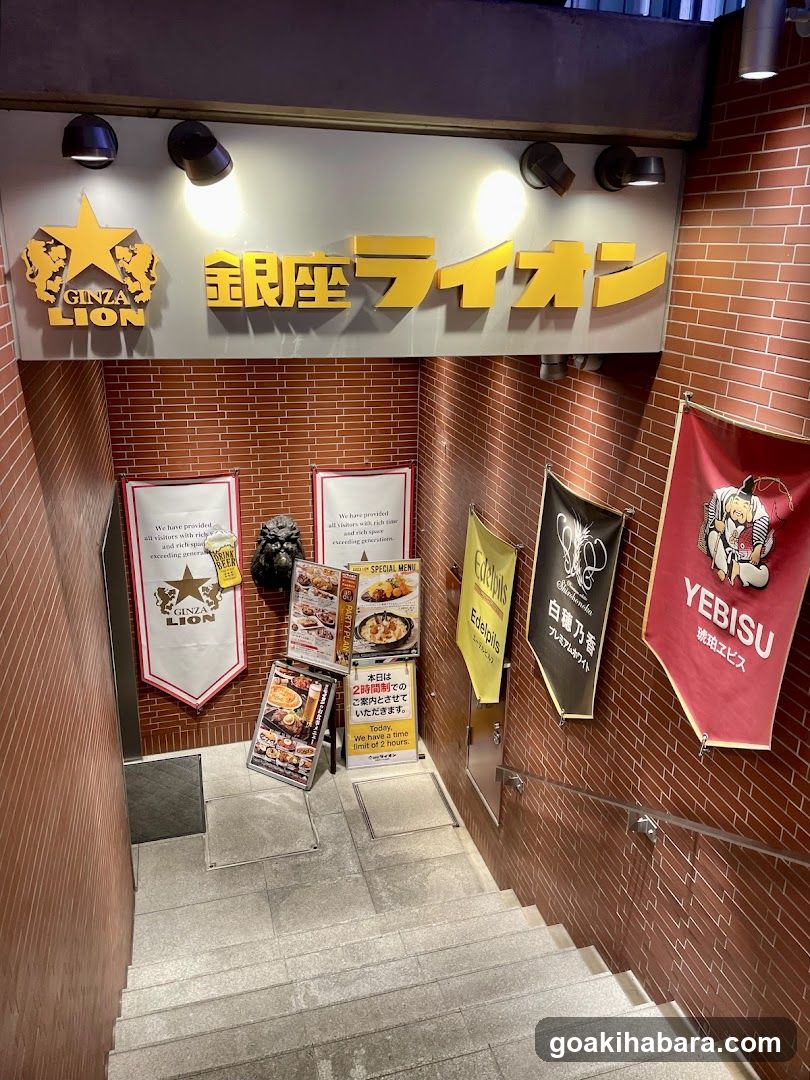 Photo of the physical exterior entrance to Ginza Lion, a restaurant in Tokyo. The image shows a brick-walled staircase leading down from street level into the establishment. Above the stairs is a large sign with 'GINZA LION' and Japanese characters '銀座ライオン'. Several banners hang on the walls: one red banner features an anime-style character labeled 'YEBISU', another black banner advertises '白鳥乃家', and a yellow banner promotes 'Ebisu'. A small menu stand sits at the bottom of the stairs displaying food items like grilled fish and rice dishes.