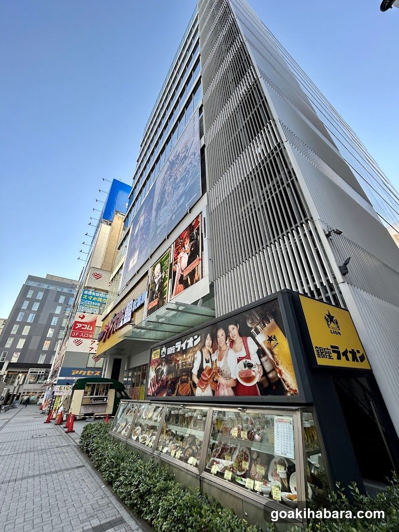 A modern multi-story building features a ground-level shop front with visible signage including Japanese characters and English text like 'LION'. A large advertisement displays people in traditional attire, while below is a glass display case filled with packaged goods. The sidewalk is lined with greenery and traffic cones.