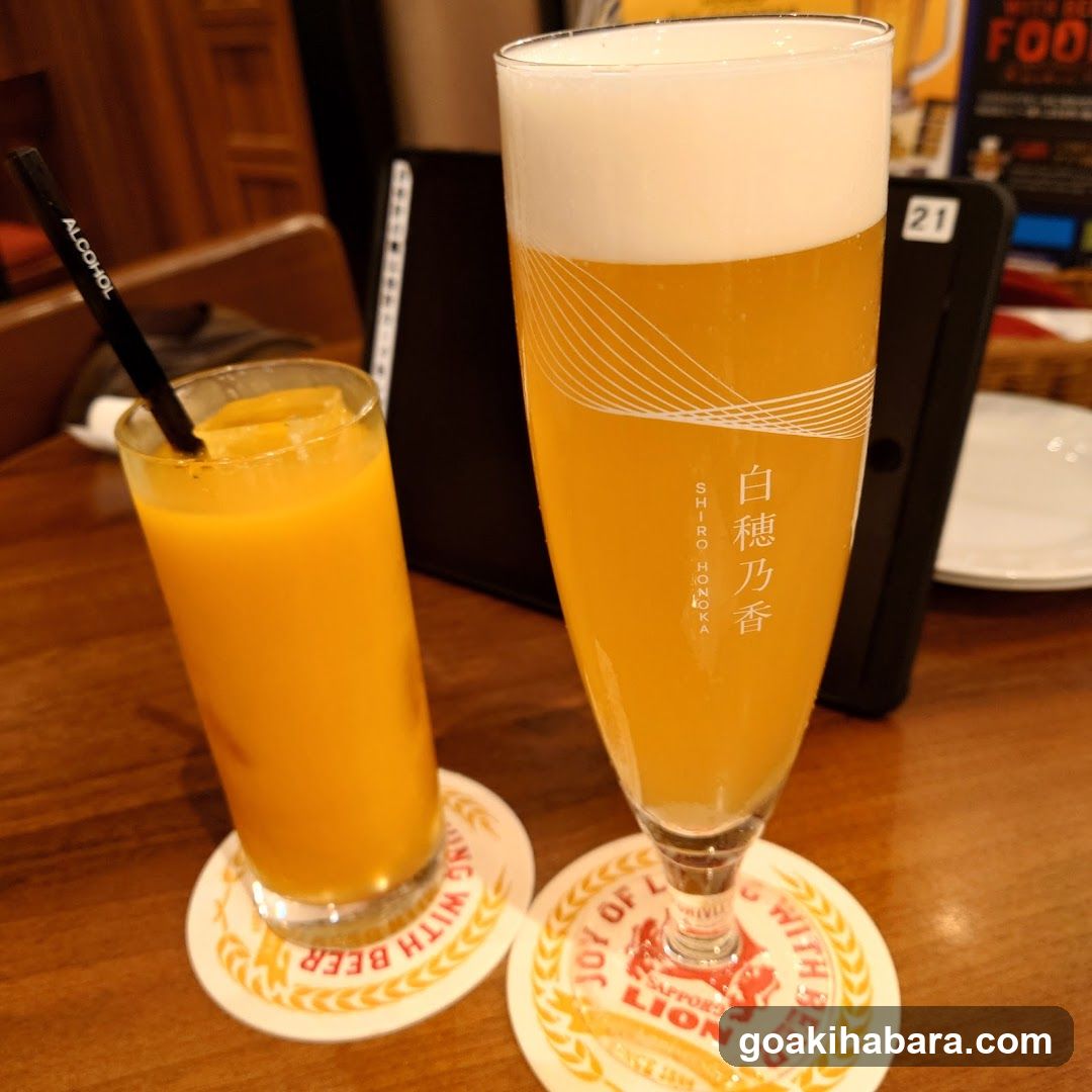 Beer and Juice on Table