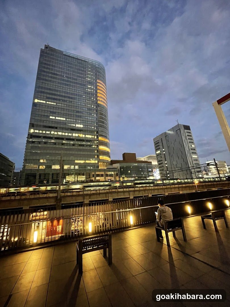 Evening City View with Person on Bench