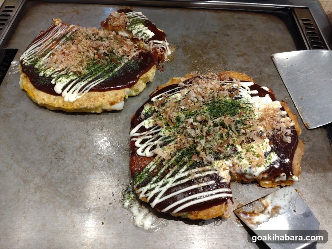Okonomiyaki on a griddle