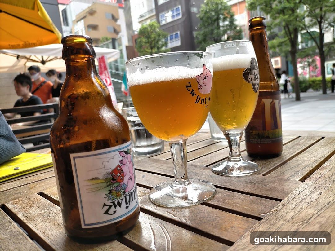 Beer on a wooden table outdoors