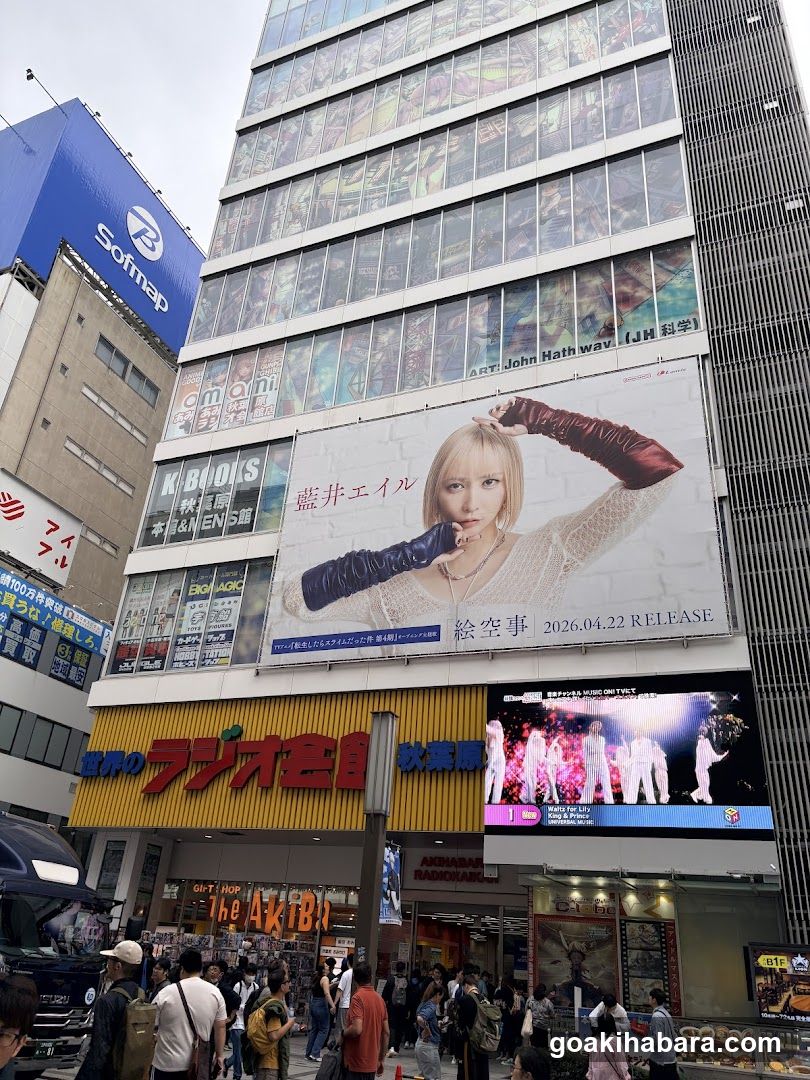 Urban Street Scene with Large Advertisements and Crowds