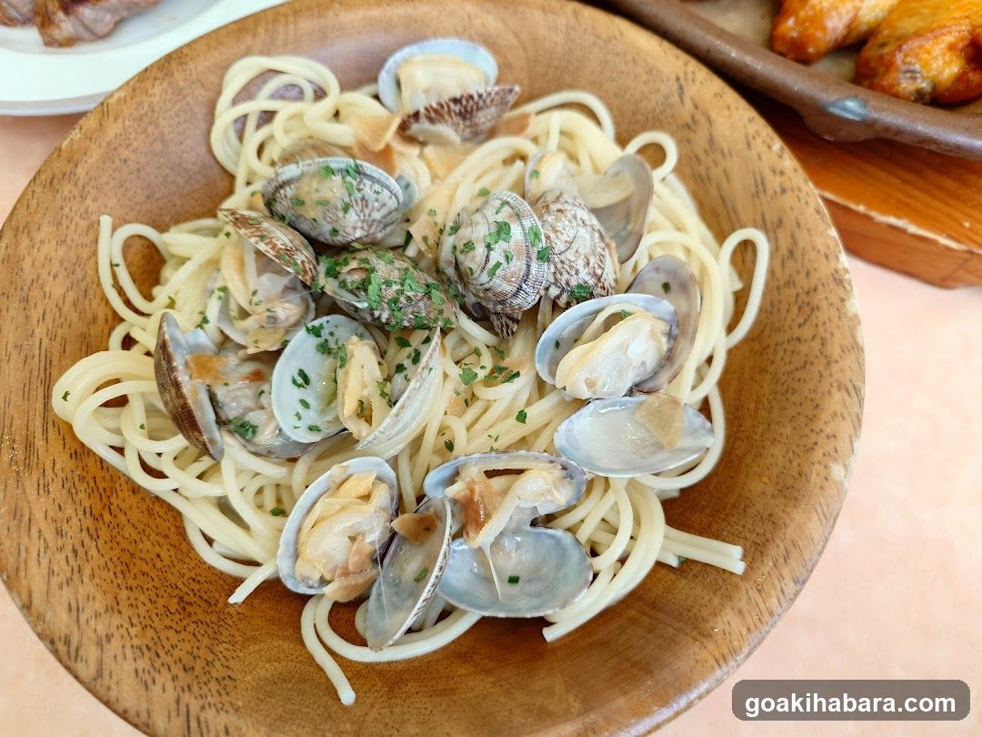 Clam Pasta in Wooden Bowl