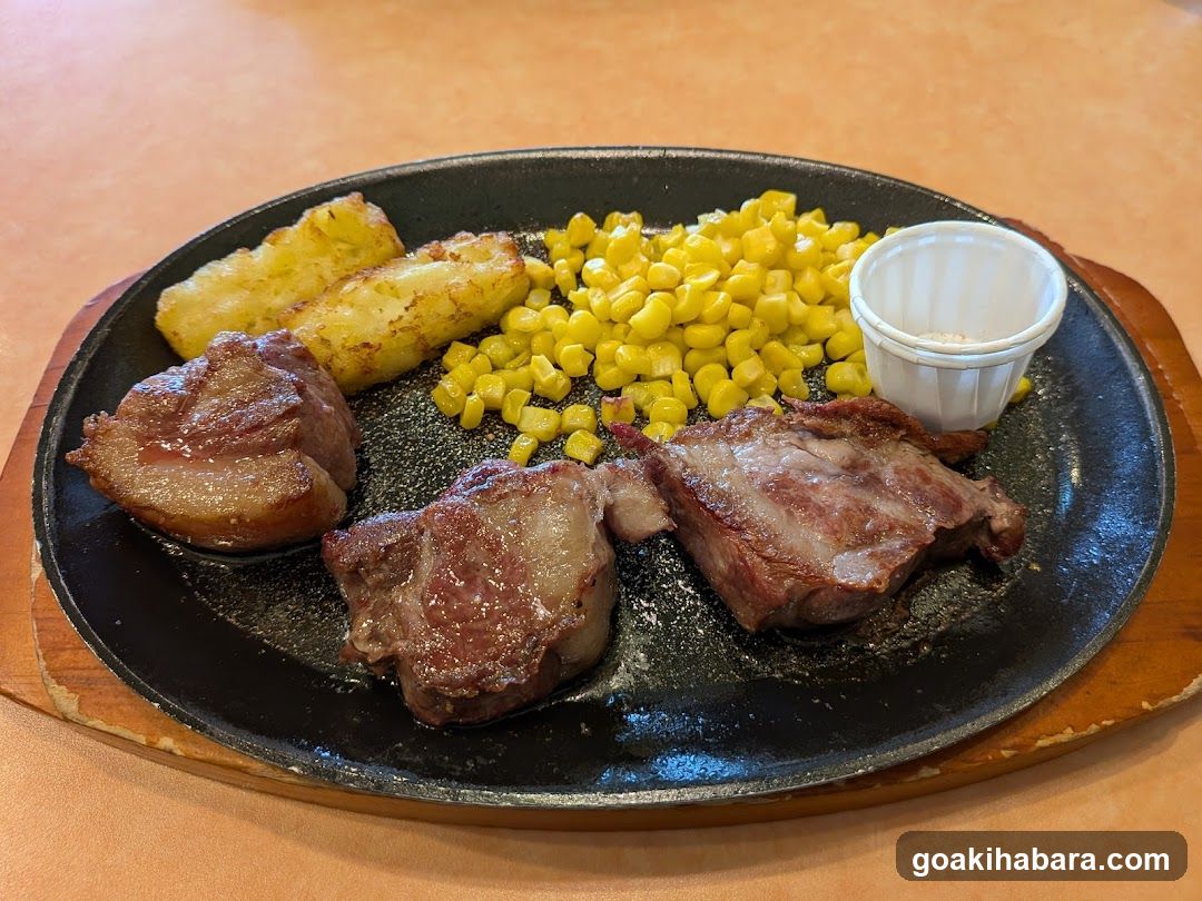 Sizzling Steak Plate with Corn and Fries