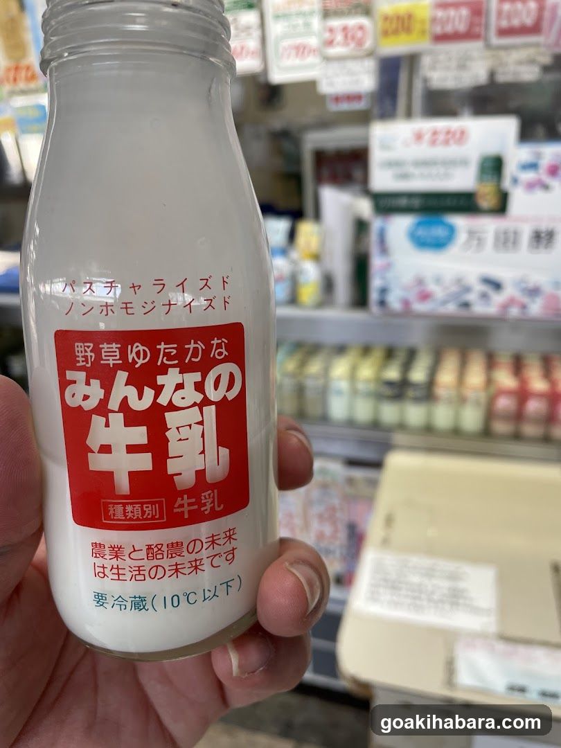 Hand holding a bottle of Japanese milk in a store
