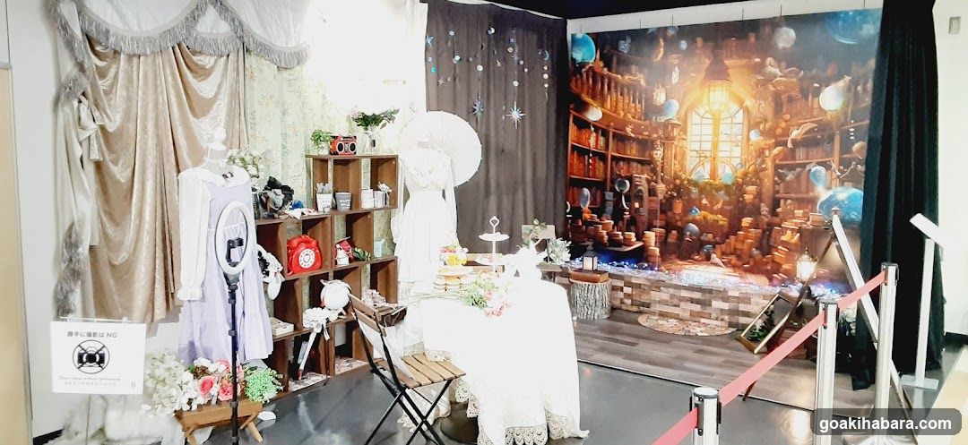 Indoor display with decorative props and backdrop