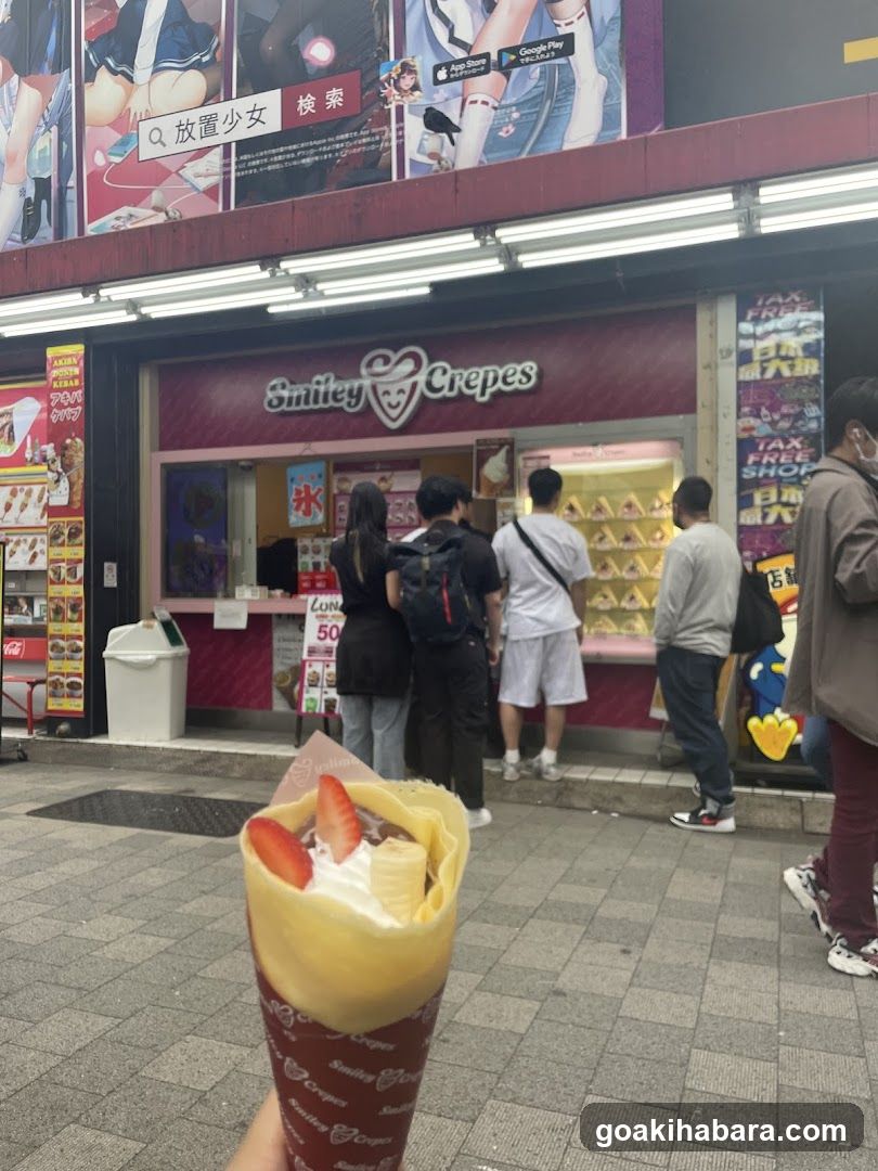 Crepes Shop Exterior with Foreground Dessert