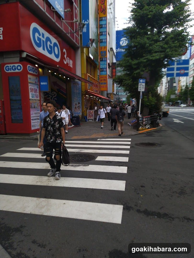 Street scene with pedestrians crossing at a crosswalk near a GiGO store.