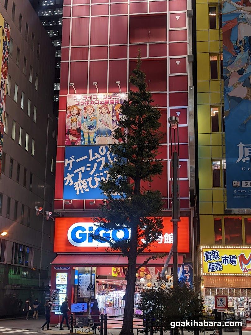 Anime-themed building exterior at night