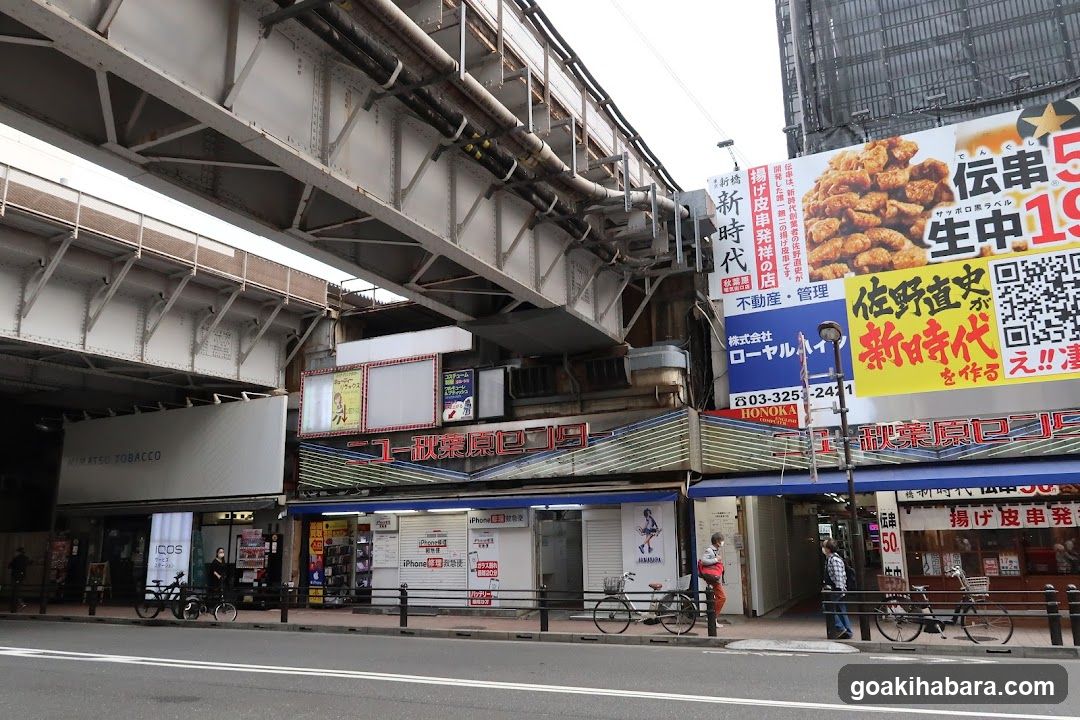 Street scene with elevated train tracks and storefronts