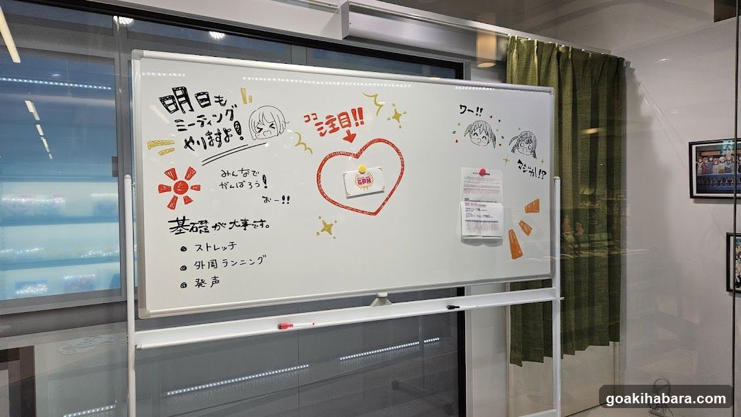 Whiteboard with Japanese notes and drawings