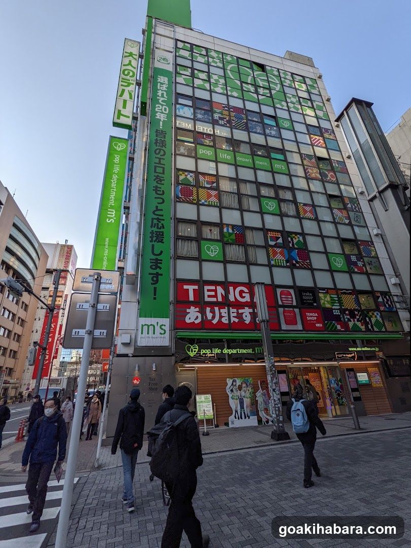 Urban street scene with pedestrians and buildings