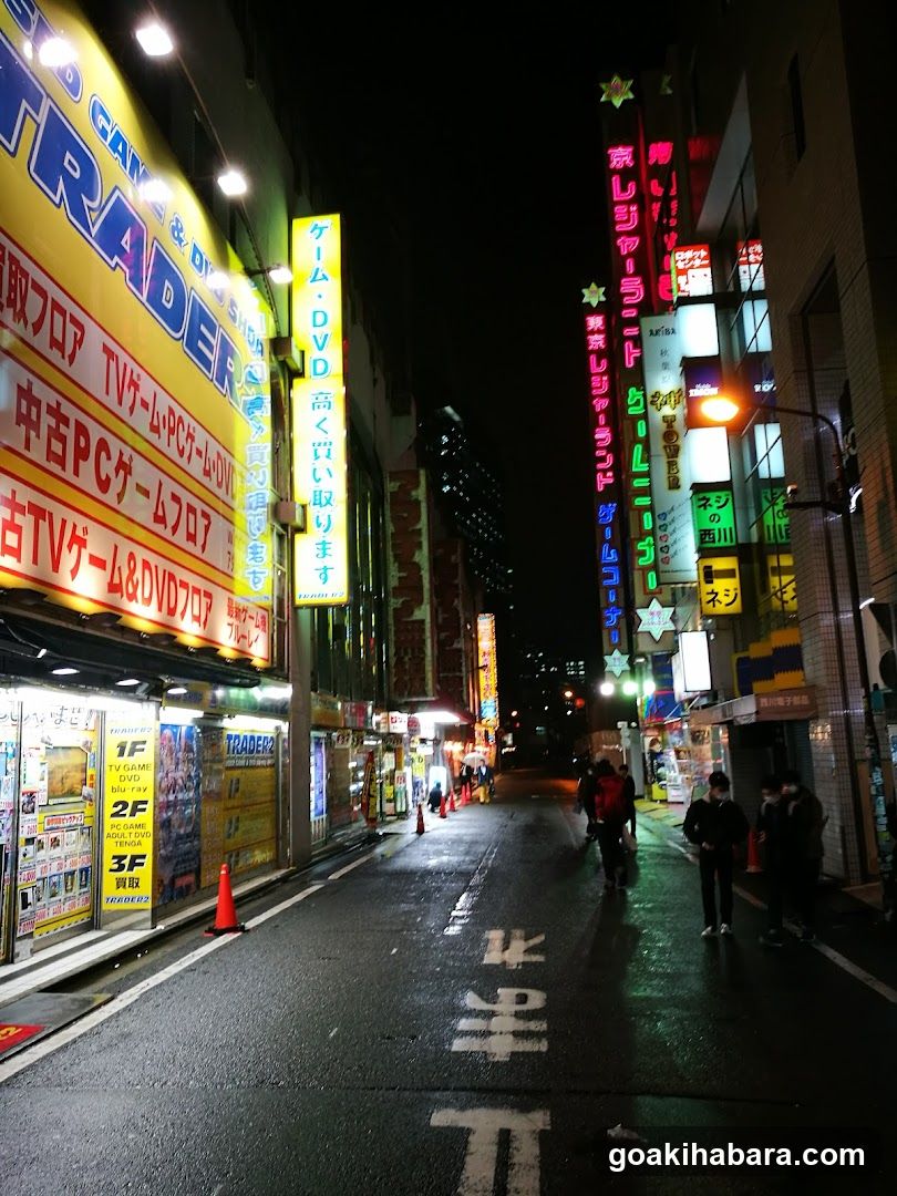 Night street with neon signs and pedestrians