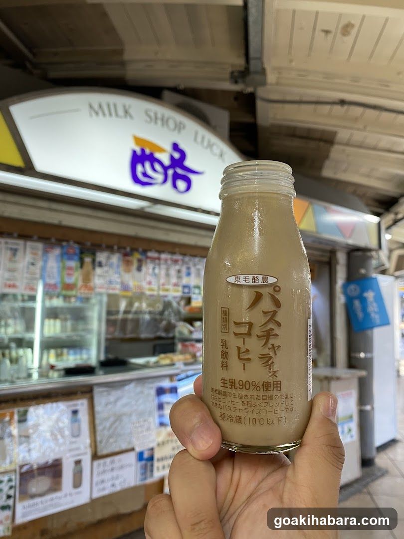 Bottle of Milk Coffee in Front of Shop