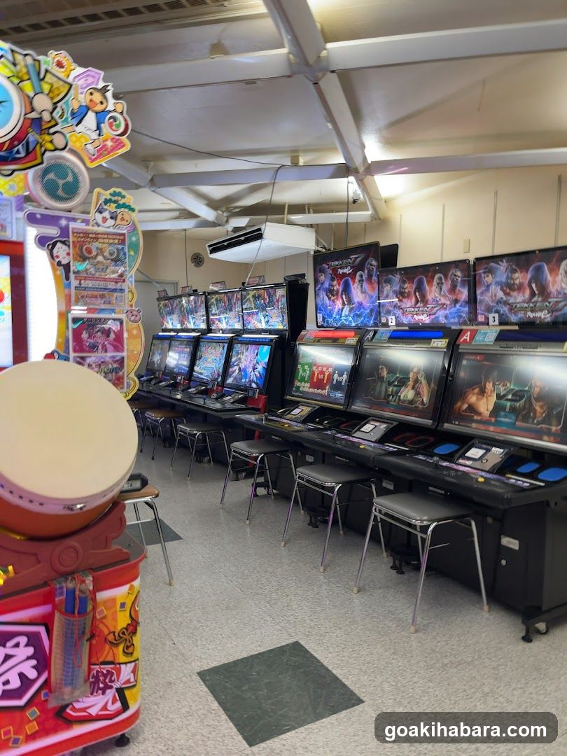 Arcade Interior with Fighting Games and Drums