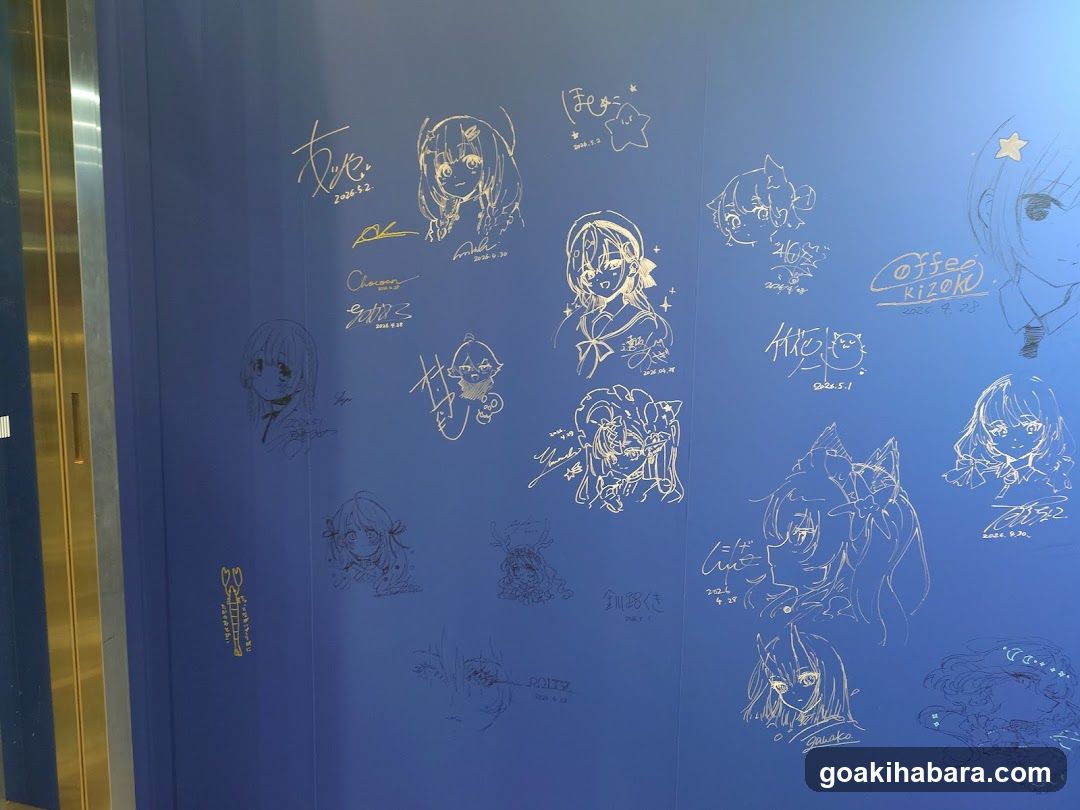 Anime-style doodles on blue wall