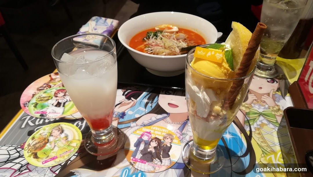 Anime-themed food and drink spread