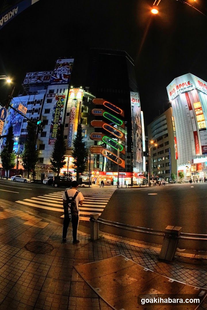 Night street scene with illuminated buildings and a pedestrian crossing.