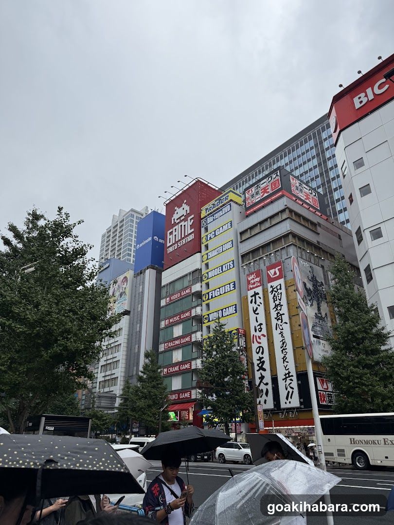 Urban Street Scene with Buildings and Umbrellas