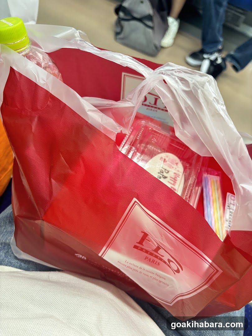 Red shopping bag with food items