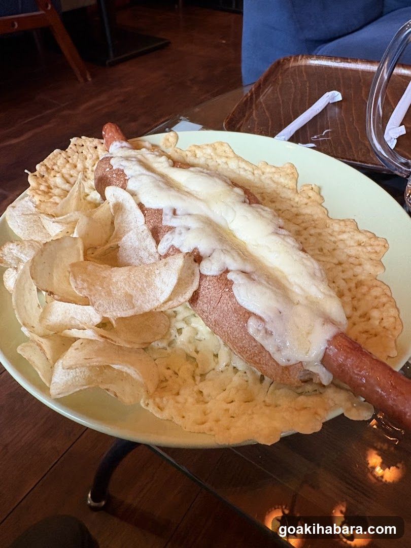 Cheese-Stuffed Hot Dog with Chips and Rice Crisps
