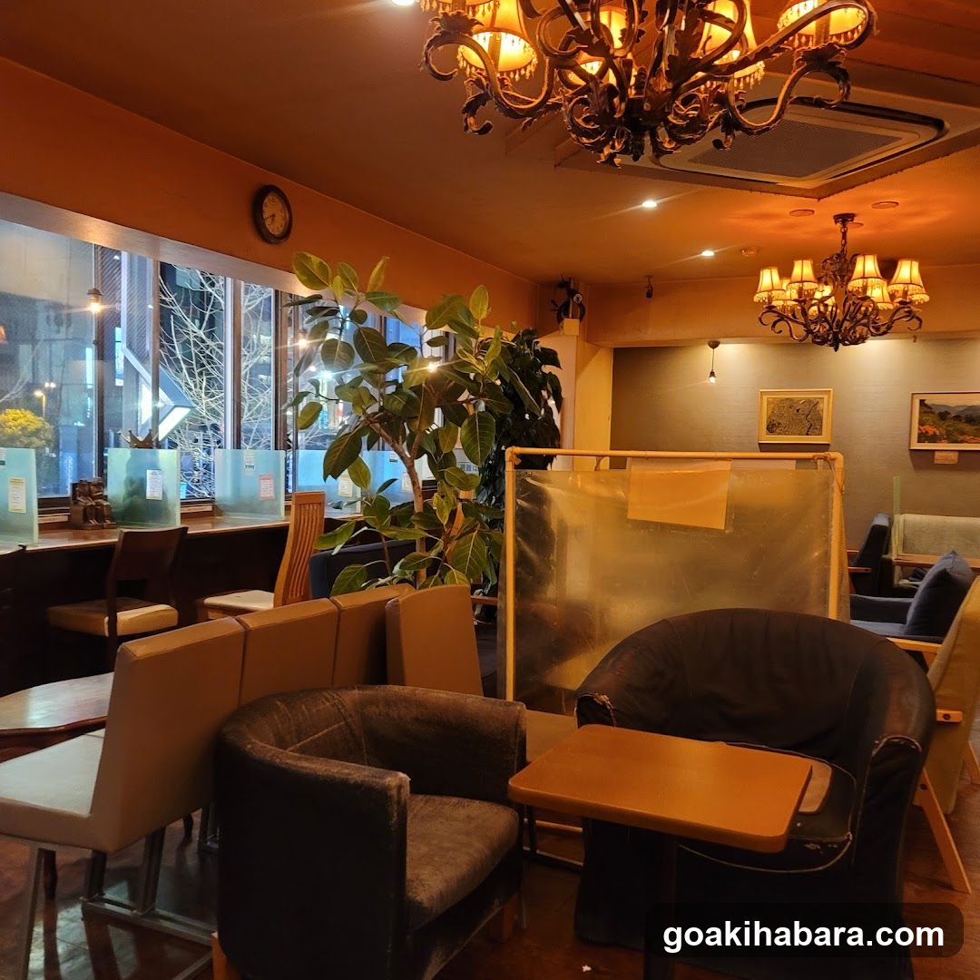 Cozy Cafe Interior with Plants and Warm Lighting