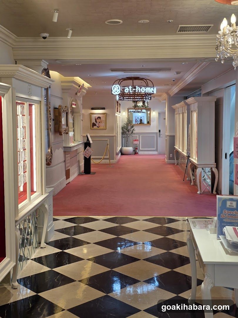 Interior Hallway with Checkered Floor and Display Cases