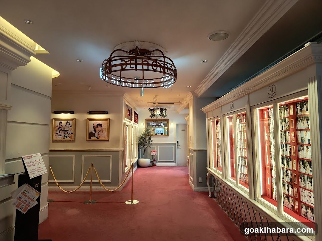 Interior hallway with framed photos and display cases
