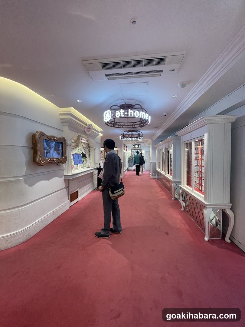 Interior hallway with red carpet and illuminated signage