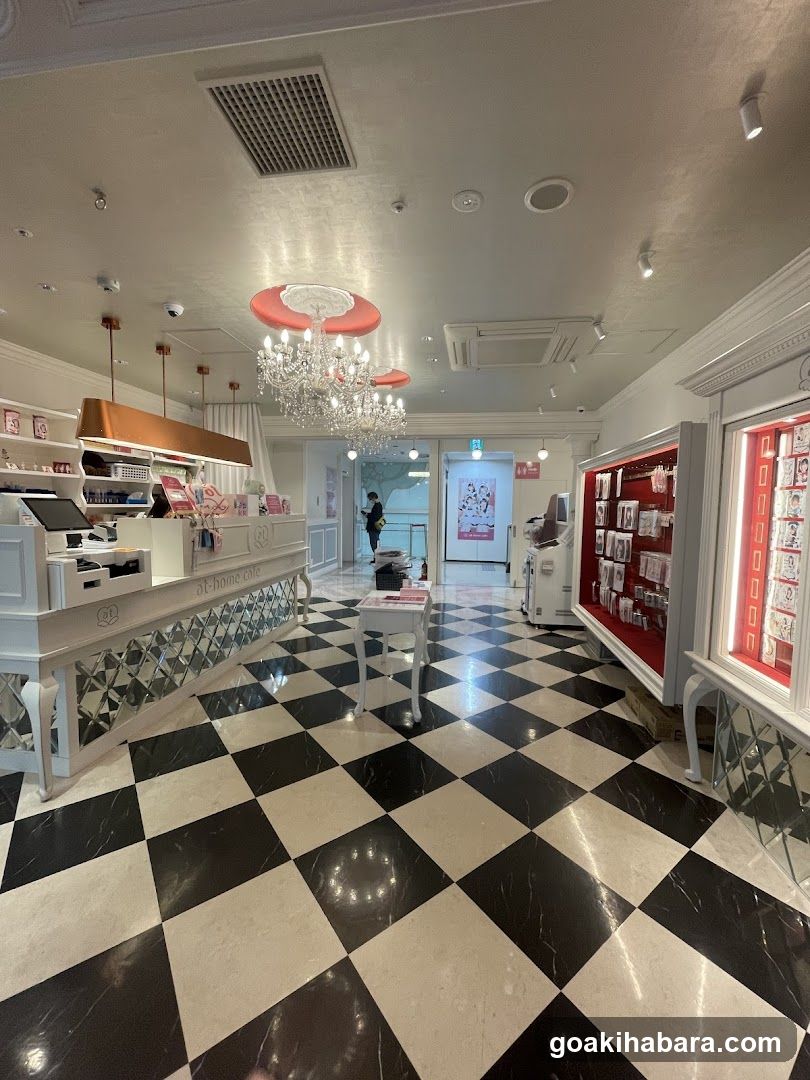 Interior of a shop with checkered floor
