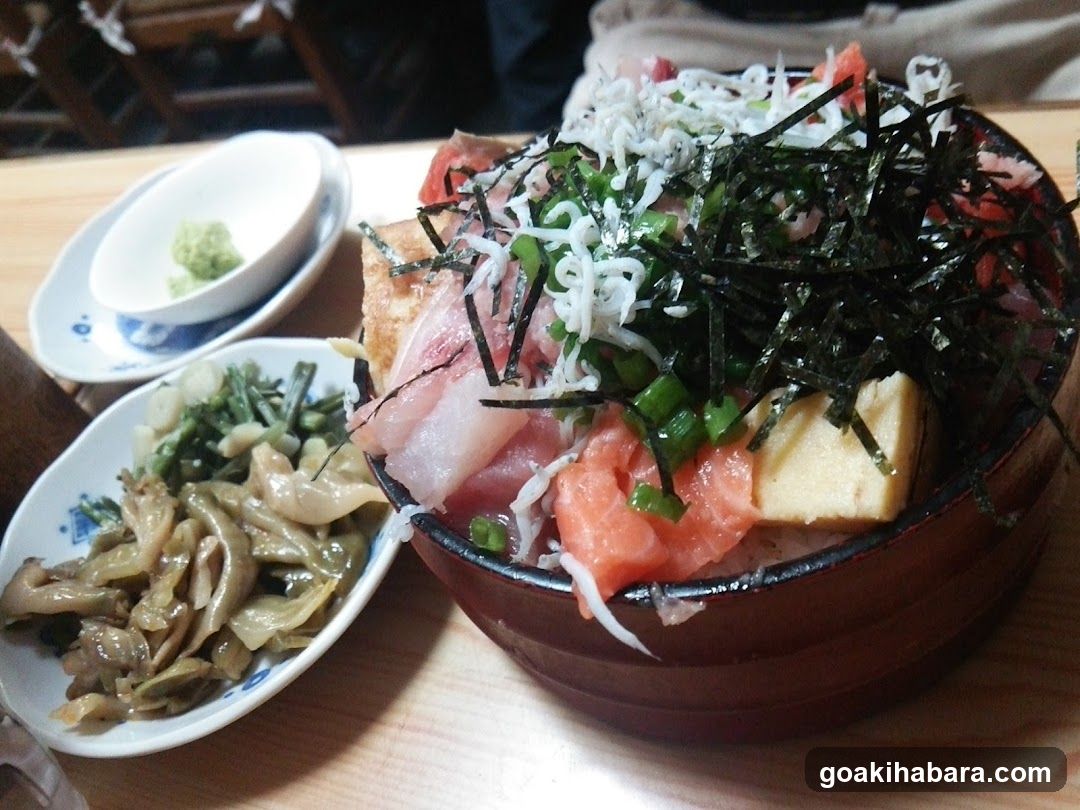 Japanese Food Bowl with Sashimi and Tofu