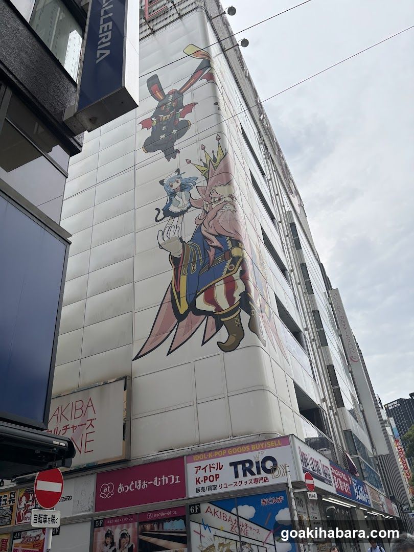Anime-themed building facade with large mural and shop signs