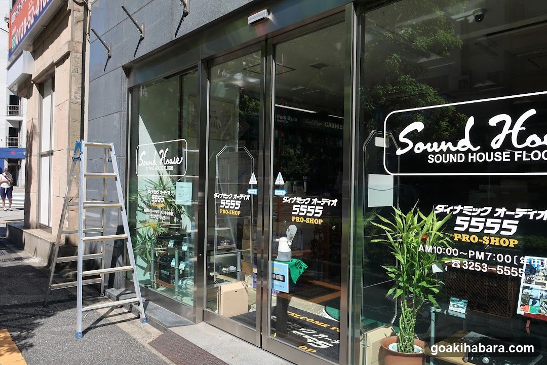 A storefront with glass doors and windows displaying 'Sound House' signage, including phone numbers and business hours. A ladder is placed outside near the entrance.