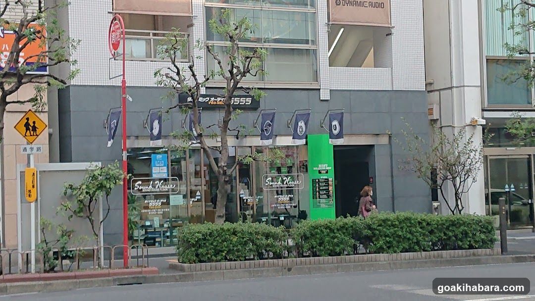 A street-level view of a commercial building facade featuring multiple shop entrances. Prominent signage includes 'DYNAMIC AUDIO' above an entrance, and 'Brew House' on glass windows. Blue flags hang from the building. A green vertical sign stands near the entrance. A pedestrian crossing sign is visible to the left. The scene includes small trees and shrubbery along the sidewalk.