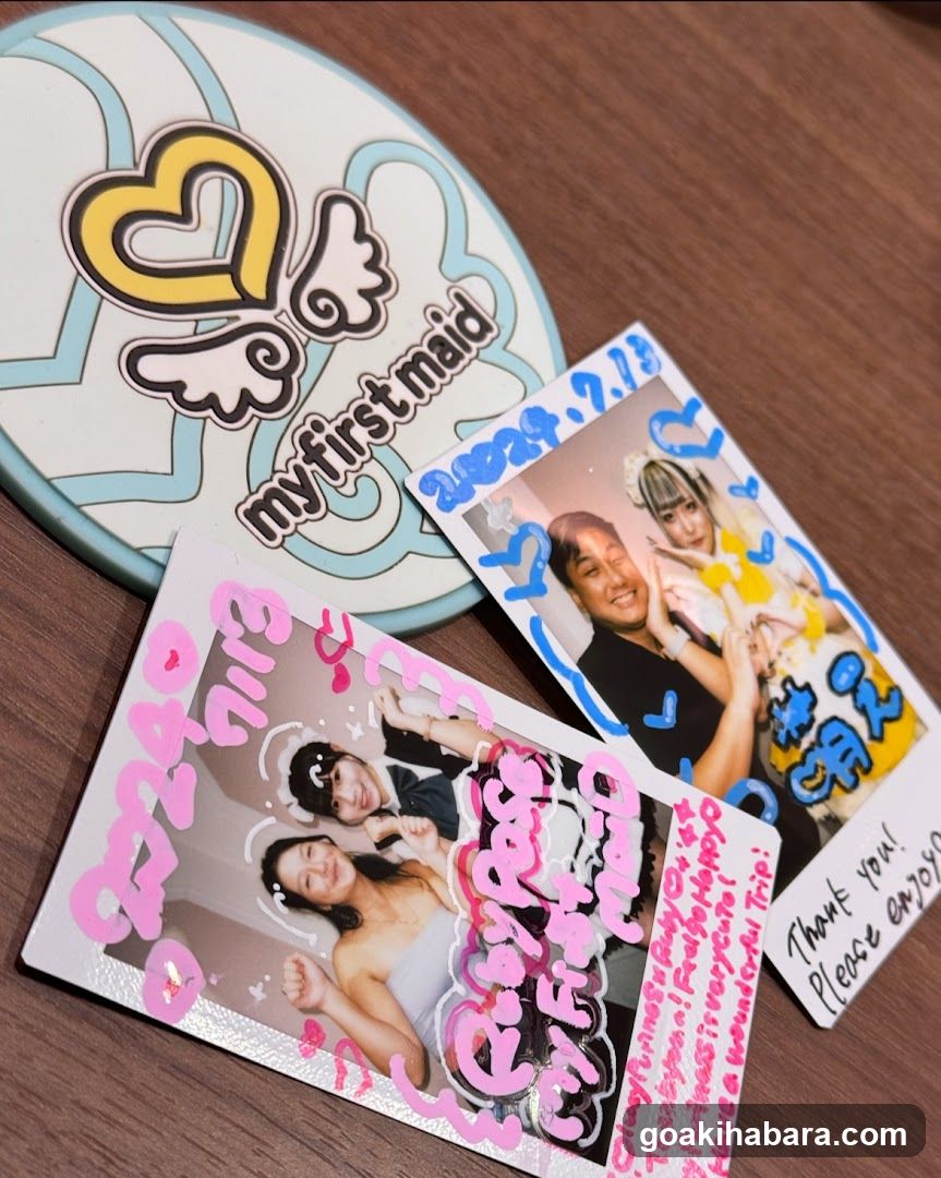 Polaroid photos and coaster on wooden surface
