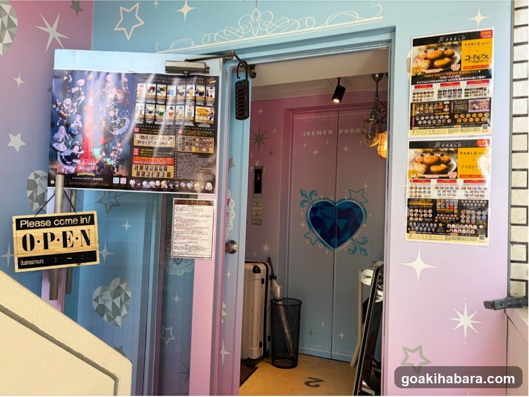 The image shows the entrance of a shop with pastel-colored walls decorated with stars and hearts. A sign on the left reads 'Please come in! O-P-E-N' with business hours listed below. Posters are displayed on both sides of the doorway, featuring colorful graphics and text. Inside, there is a door with a heart design and additional posters hanging on the wall.