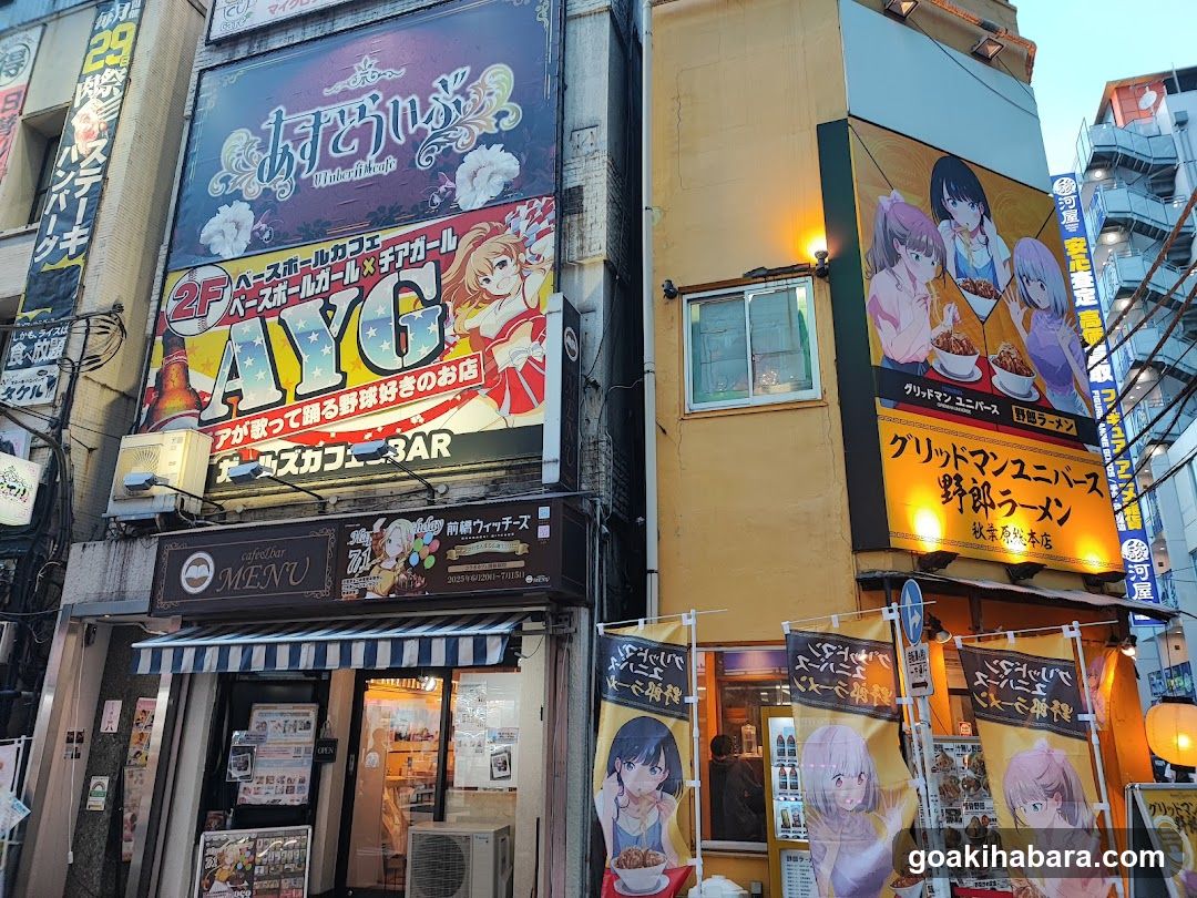 Street-level view of two adjacent storefronts featuring anime-style signage. Left building has 'AYG' and '3AR' signs with characters; right building displays 'Griddman Universe' and 'Nobu Ramen'. Banners hang below, showing anime girls holding food bowls.