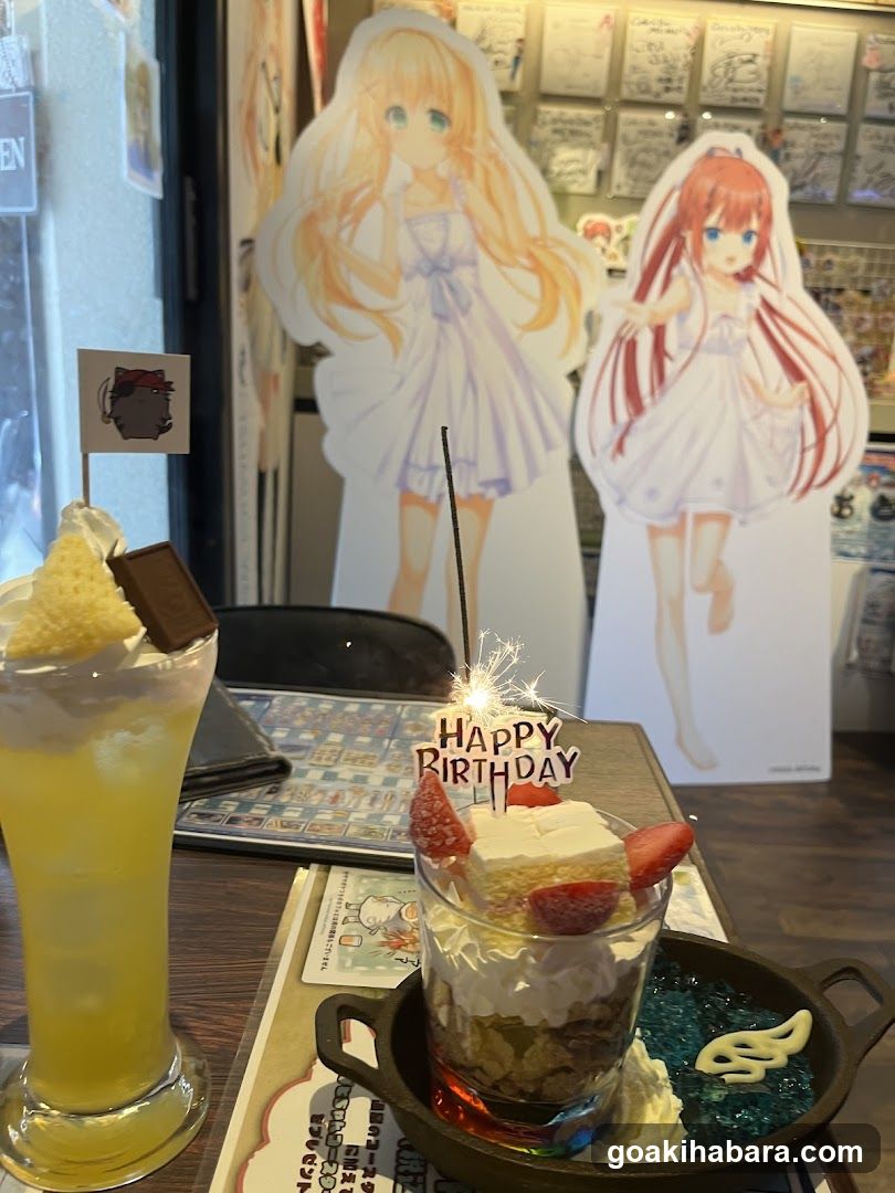 Anime Cafe Interior with Dessert and Drink