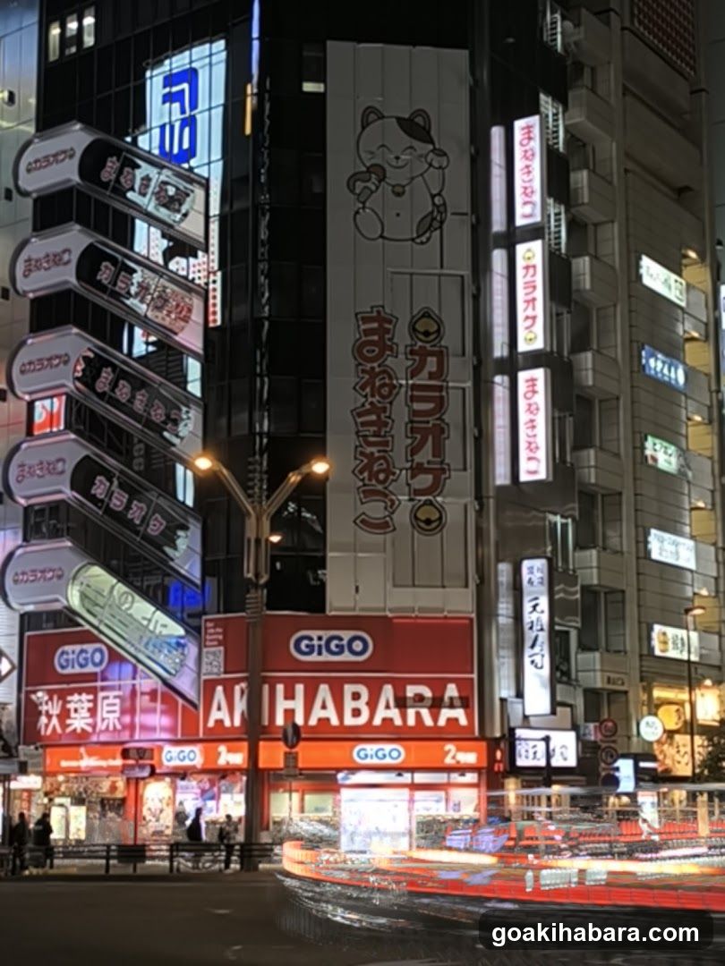 Night street scene with illuminated signs and storefronts